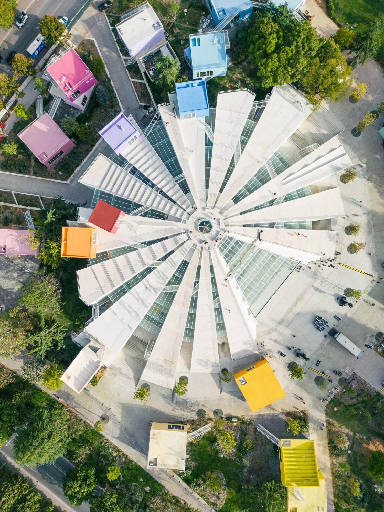 Aerial top view of the Pyramid of Tirana, Albania